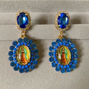 Virgen Mary Rhinestones Oval Drop Earrings